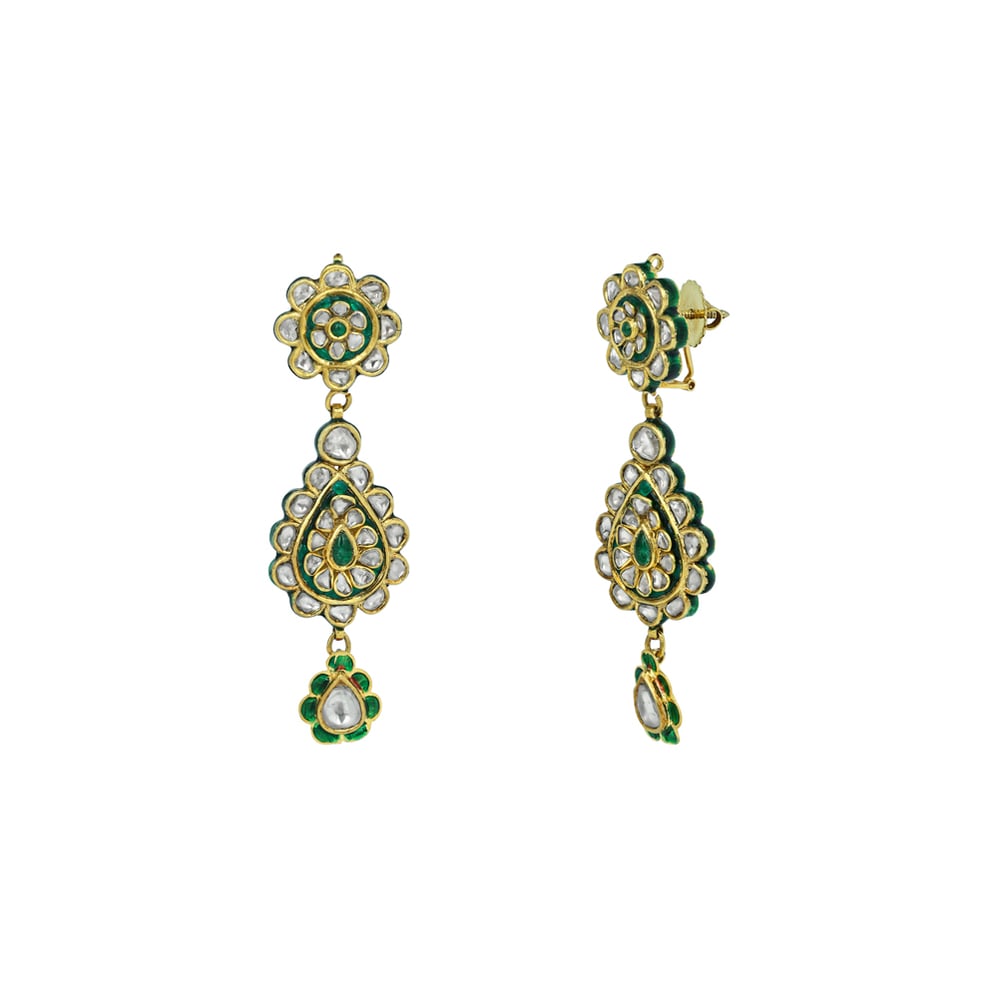 Teardrop Polki Earrings with Green Enamel and Floral Accents